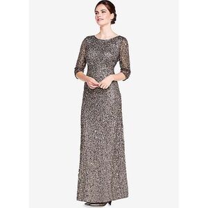 NWT Adrianna Papell Grey Silver Three-Quarter Sleeve Beaded Mermaid Gown